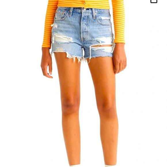Levi’s shorts - 501 med/light blue button fly cut-off distressed - Picture 1 of 9